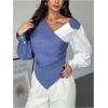 image:imageMakeMeChic Womens Work Fall Blouse Color Block Lantern Sleeve V Neck Tops Ruched Wrap Business Casual ShirtBlue and White