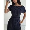 image:imageMakeMeChic Womens Wrap Blouse Striped Boat Neck Short Sleeve Ruched Asymmetrical Summer Office ShirtBlue