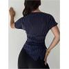 image:imageMakeMeChic Womens Wrap Blouse Striped Boat Neck Short Sleeve Ruched Asymmetrical Summer Office ShirtBlue