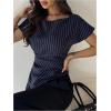 image:imageMakeMeChic Womens Wrap Blouse Striped Boat Neck Short Sleeve Ruched Asymmetrical Summer Office ShirtBlue