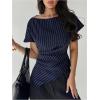 image:imageMakeMeChic Womens Wrap Blouse Striped Boat Neck Short Sleeve Ruched Asymmetrical Summer Office ShirtBlue