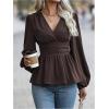 image:imageMakeMeChic Womens Wrap Tops V Neck Long Sleeve Shirts Ruffle Peplum Business Casual Work BlouseCoffee Brown