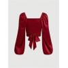image:imageMakeMeChic Womens Wrap V Neck Blouse Sweetheart Lantern Sleeve Pleated Tie Back Work Crop TopsRed