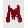 image:imageMakeMeChic Womens Wrap V Neck Blouse Sweetheart Lantern Sleeve Pleated Tie Back Work Crop TopsRed