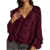 image:imageMAKEMECHIC Womens Ruffle V Neck Blouse Chiffon Lantern Sleeve Going Out TopsBurgundy