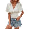 image:imageMAKEMECHIC Womens Wrap V Neck Crop Top Short Sleeve Shirred Ruched Summer Boho Tops BlouseBeige