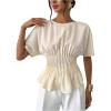 image:imageMakeMeChic Womens Business Casual Blouse Pleated Crew Neck Short Sleeve Tie Back Shirt TopsApricot