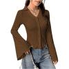 image:imageMakeMeChic Womens Button Down Blouse Collared V Neck Bell Sleeve Shirt TopsCoffee Brown
