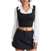 image:imageMakeMeChic Womens Collared Long Sleeve Crop Blouse Colorblock Office Work TopsBlack and White