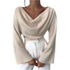 image:imageMakeMeChic Womens Cowl Neck Satin Blouse Bell Sleeve Drop Shoulder Elegant Blouse Work Tops Fall ClothesApricot
