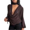 image:imageMakeMeChic Womens Elegant Draped Sheer Blouse Mesh Low Cut Cowl Neck Long Sleeve Tops with ScarfBrown