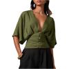 image:imageMakeMeChic Womens Elegant Ruched Blouse Deep V Neck Dolman Sleeve Crop TopsGreen