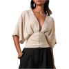 image:imageMakeMeChic Womens Elegant Ruched Blouse Deep V Neck Dolman Sleeve Crop TopsKhaki