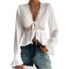 image:imageMakeMeChic Womens Floral Lace Bell Sleeve Blouse Crop Top Elegant Tie V Neck Babydoll ShirtsWhite