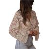 image:imageMakeMeChic Womens Floral Sheer Blouse Ruffle V Neck Button Down Bell Sleeve Dressy TopsApricot