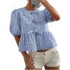 image:imageMakeMeChic Womens Gingham Bow Blouse Puff Sleeve Crew Neck Ruffle Hem Plaid TopsBlue and White