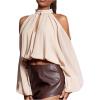 image:imageMakeMeChic Womens Halter Keyhole Lantern Sleeve Blouse Cold Shoulder Business Crop Tops
