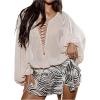 image:imageMakeMeChic Womens Lace Up Lantern Sleeve Blouse Mesh Sheer Music Festival Boho TopsApricot
