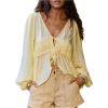 image:imageMakeMeChic Womens Lantern Sleeve Tie Front V Neck Blouse Ruffle Asymmetrical Hem Boho Fairy TopsYellow