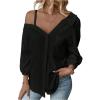 image:imageMakeMeChic Womens Off The Shoulder Tops Long Sleeve Button Down Linen Shirts Casual Blouse TopBlack