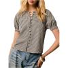 image:imageMakeMeChic Womens Plaid Gingham Button Down Shirt Puff Sleeve Crew Neck Cute Blouse TopBlack and White