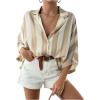 image:imageMakeMeChic Womens Striped Button Down Shirt Dolman Sleeve Collar Oversized Blouse TopsApricot