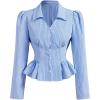 image:imageMakeMeChic Womens Striped V Neck Button Down Shirt Long Sleeve Ruffle Business Blouse TopsBlue