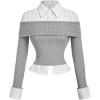 image:imageMakeMeChic Womens Teacher Outfits Striped Long Sleeve 2 in 1 Retro Blouse Collared ShirtGrey