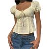 image:imageMakeMeChic Womens Textured Puff Sleeve Square Neck Tie Front Shirts Babydoll Blouse TopYellow