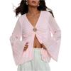image:imageMakeMeChic Womens V Neck Bell Sleeve Blouse Metal Decor Pleated Split Hem TopsPink