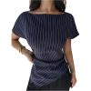 image:imageMakeMeChic Womens Wrap Blouse Striped Boat Neck Short Sleeve Ruched Asymmetrical Summer Office ShirtBlue