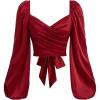 image:imageMakeMeChic Womens Wrap V Neck Blouse Sweetheart Lantern Sleeve Pleated Tie Back Work Crop TopsRed