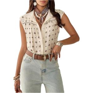 image:imageMAKEMECHIC Womens Boho Sleeveless Button Down Shirt Graphic Collared Vintage Blouse TopsMulticolor