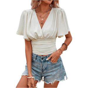 image:imageMAKEMECHIC Womens Wrap V Neck Crop Top Short Sleeve Shirred Ruched Summer Boho Tops BlouseBeige