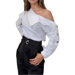 image:imageMakeMeChic Womens Asymmetrical Neck Blouse Button Long Sleeve Dressy Business Shirt TopsWhite