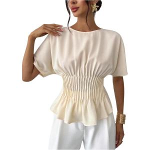 image:imageMakeMeChic Womens Business Casual Blouse Pleated Crew Neck Short Sleeve Tie Back Shirt TopsApricot