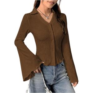 image:imageMakeMeChic Womens Button Down Blouse Collared V Neck Bell Sleeve Shirt TopsCoffee Brown