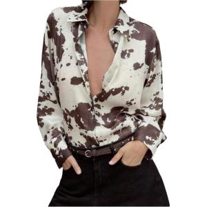 image:imageMakeMeChic Womens Cow Print Button Down Shirt Long Sleeve Work Business BlouseKhaki
