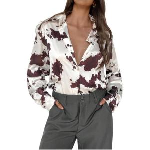 image:imageMakeMeChic Womens Cow Print Satin Button Down Shirt Long Sleeve Business Collared ShirtsBrown