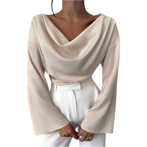 image:imageMakeMeChic Womens Cowl Neck Satin Blouse Bell Sleeve Drop Shoulder Elegant Blouse Work Tops Fall ClothesApricot