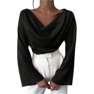 image:imageMakeMeChic Womens Cowl Neck Satin Blouse Bell Sleeve Drop Shoulder Elegant Blouse Work Tops Fall ClothesBlack