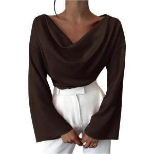 image:imageMakeMeChic Womens Cowl Neck Satin Blouse Bell Sleeve Drop Shoulder Elegant Blouse Work Tops Fall ClothesCoffee Brown