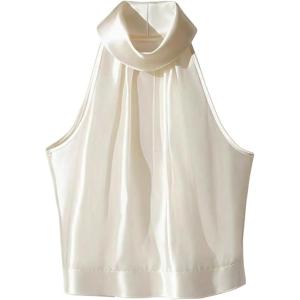 image:imageMakeMeChic Womens Elegant Mock Neck Halter Blouse Sleeveless Dressy Crop TopsWhite