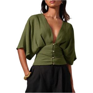 image:imageMakeMeChic Womens Elegant Ruched Blouse Deep V Neck Dolman Sleeve Crop TopsGreen