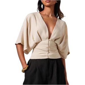 image:imageMakeMeChic Womens Elegant Ruched Blouse Deep V Neck Dolman Sleeve Crop TopsKhaki