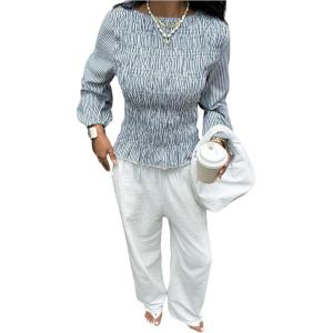 image:imageMakeMeChic Womens Fall Striped Tops Long Sleeve Crew Neck Blouse Shirred Ruffle Going Out TopsBlue and White