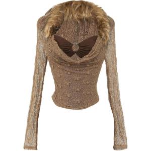 image:imageMakeMeChic Womens Faux Fur Cowl Neck Long Sleeve Top Sheer Ruched Y2k Tops ShirtsKhaki