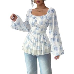 image:imageMakeMeChic Womens Floral Blouse Lantern Sleeve Square Neck Ruffle Going Out TopsBlue
