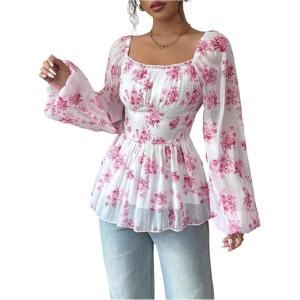 image:imageMakeMeChic Womens Floral Blouse Lantern Sleeve Square Neck Ruffle Going Out TopsPink