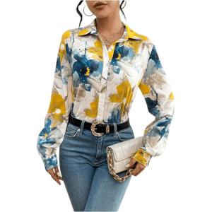 image:imageMakeMeChic Womens Floral Button Down Shirt Long Sleeve Collared Dressy Blouse TopsMulticolor
